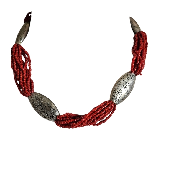 Chicos red seed beaded statement necklace with silver engraved accents. - Picture 1 of 10